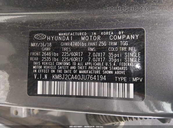 KM8J2CA40JU764194 2018 HYUNDAI TUCSON Gray 