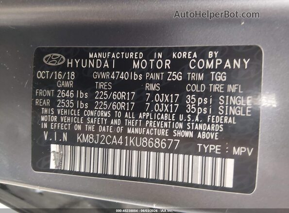 KM8J2CA41KU868677 2019 HYUNDAI TUCSON Gray Շարժիչի բաժամունքի տեսք