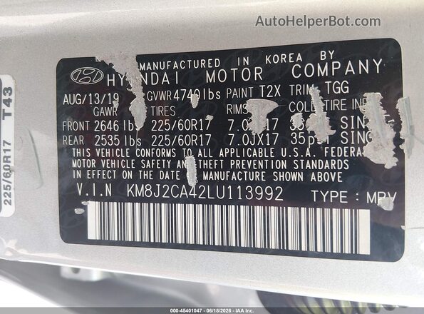 KM8J2CA42LU113992 2020 HYUNDAI TUCSON Silver ძრავის განყოფილების ხედი