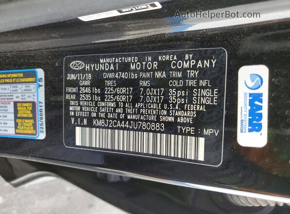 KM8J2CA44JU780883 2018 HYUNDAI TUCSON Black Vista de la etiqueta del VIN