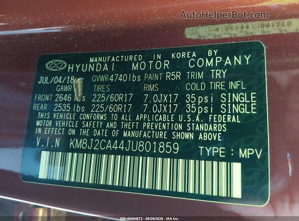 KM8J2CA44JU801859 2018 HYUNDAI TUCSON Red Շարժիչի բաժամունքի տեսք