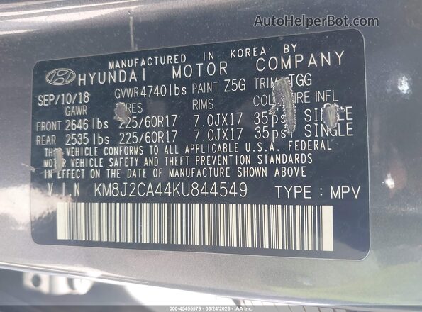 KM8J2CA44KU844549 2019 HYUNDAI TUCSON Gray Widok komory silnika