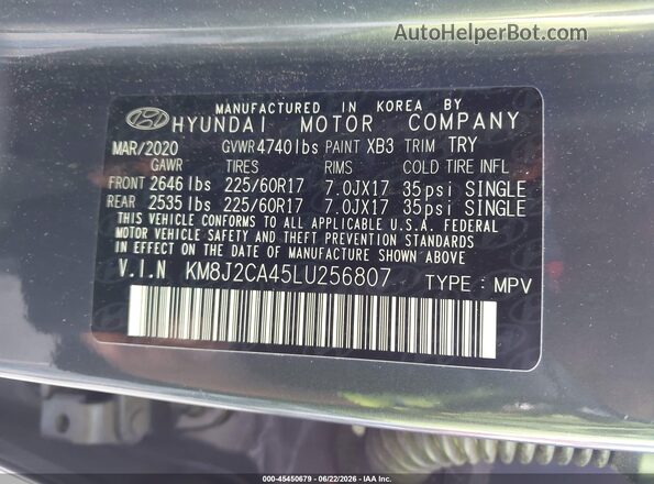 KM8J2CA45LU256807 2020 HYUNDAI TUCSON Gray Engine compartment view