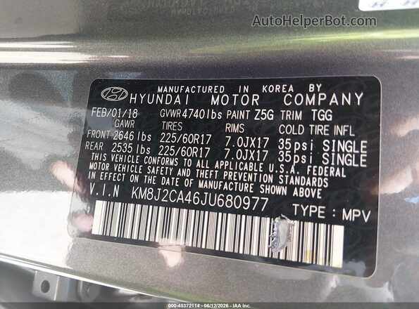 KM8J2CA46JU680977 2018 HYUNDAI TUCSON Gray 
