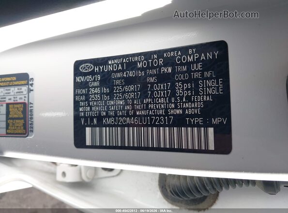 KM8J2CA46LU172317 2020 HYUNDAI TUCSON White Engine compartment view