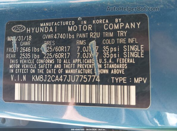 KM8J2CA47JU775774 2018 HYUNDAI TUCSON Blue Շարժիչի բաժամունքի տեսք