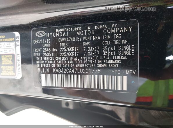 KM8J2CA47LU201775 2020 HYUNDAI TUCSON Black Engine compartment view