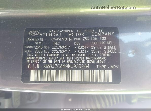 KM8J2CA49KU939284 2019 HYUNDAI TUCSON Gray Widok komory silnika
