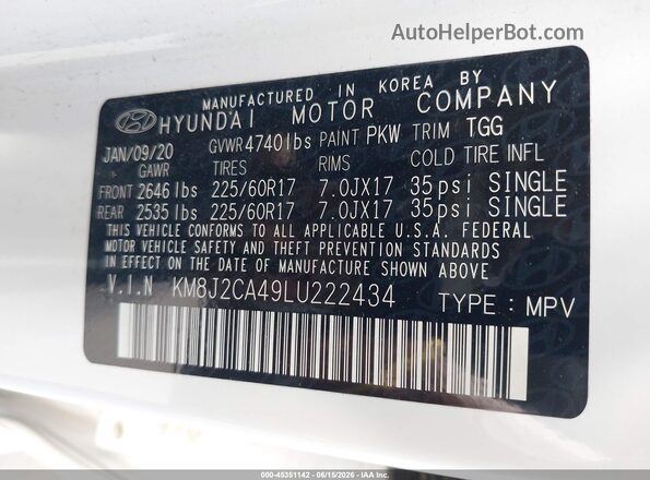 KM8J2CA49LU222434 2020 HYUNDAI TUCSON White Շարժիչի բաժամունքի տեսք