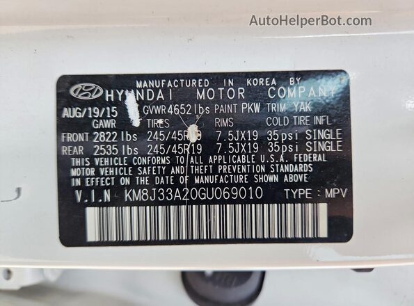 KM8J33A20GU069010 2016 HYUNDAI TUCSON White ძრავის განყოფილების ხედი