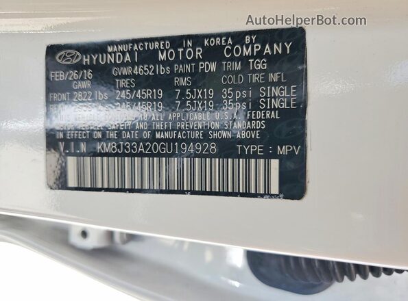 KM8J33A20GU194928 2016 HYUNDAI TUCSON White 