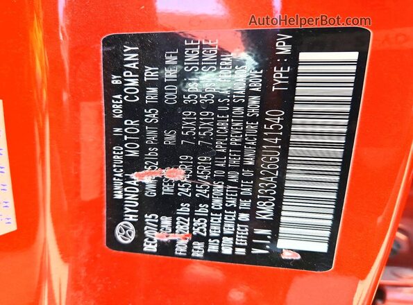 KM8J33A26GU141540 2016 HYUNDAI TUSCON Orange Սալոնի 360 աստիճան տեսք