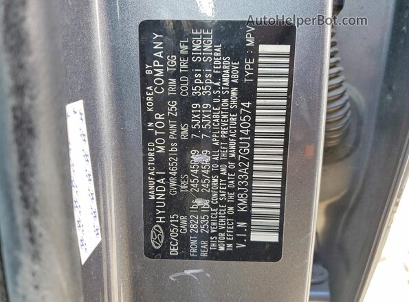 KM8J33A27GU140574 2016 HYUNDAI TUCSON Gray VIN sticker view