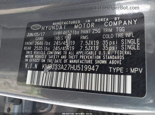 KM8J33A27HU519947 2017 HYUNDAI TUCSON Gray Շարժիչի բաժամունքի տեսք