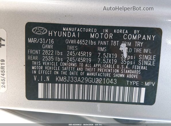 KM8J33A29GU221043 2016 HYUNDAI TUCSON Silver Engine compartment view