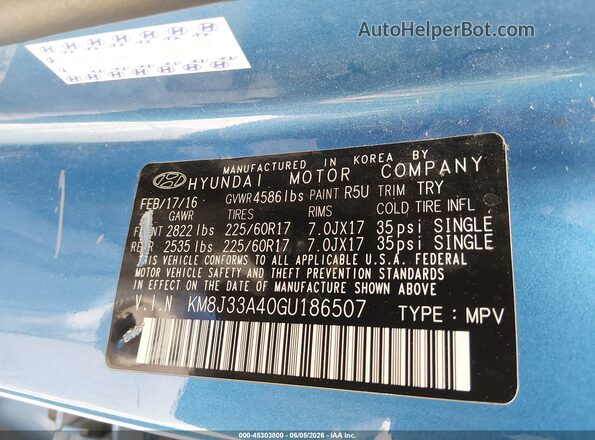 KM8J33A40GU186507 2016 HYUNDAI TUCSON Синий Вид подкапотного пространства