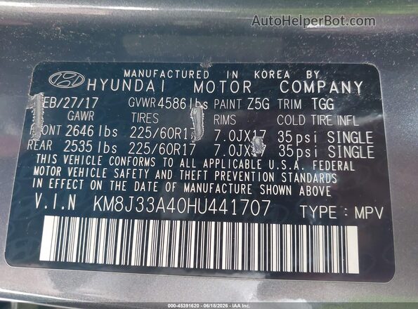 KM8J33A40HU441707 2017 HYUNDAI TUCSON Gray Vista del compartimento del motor
