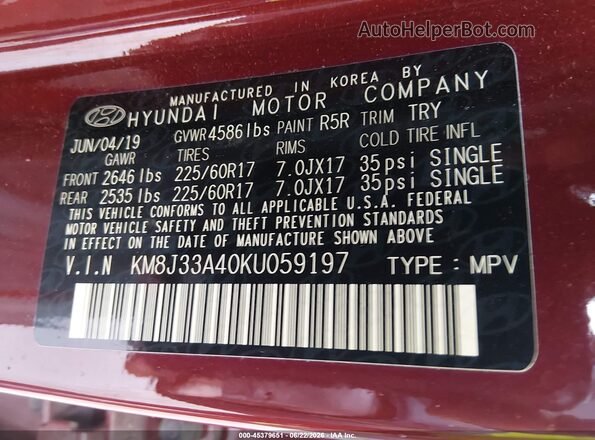 KM8J33A40KU059197 2019 HYUNDAI TUCSON Red Engine compartment view