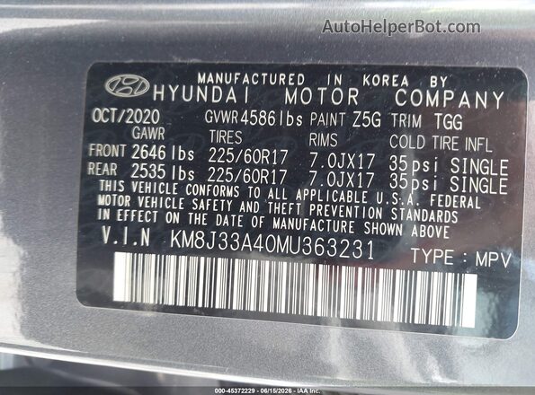 KM8J33A40MU363231 2021 HYUNDAI TUCSON Gray Vista del compartimento del motor