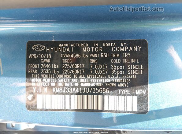 KM8J33A41JU735686 2018 HYUNDAI TUCSON Blue Widok komory silnika