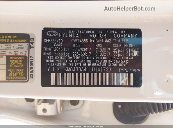 KM8J33A41LU141733 2020 HYUNDAI TUCSON White Вид підкапотного простору