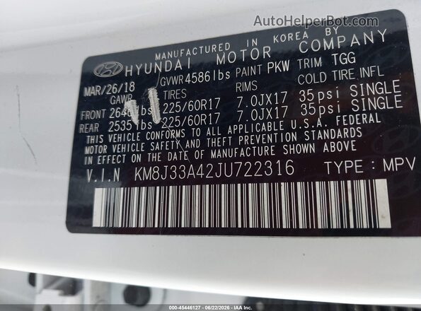 KM8J33A42JU722316 2018 HYUNDAI TUCSON White Вид підкапотного простору