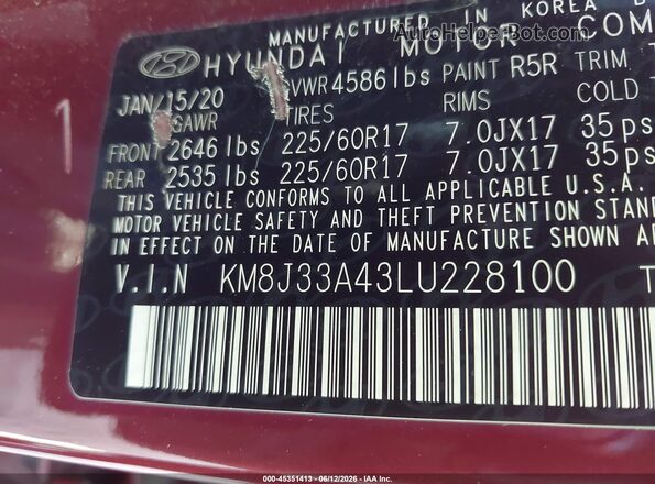 KM8J33A43LU228100 2020 HYUNDAI TUCSON Burgundy Вид підкапотного простору