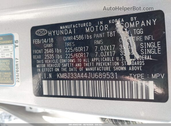 KM8J33A44JU689531 2018 HYUNDAI TUCSON Silver Vista del compartimento del motor