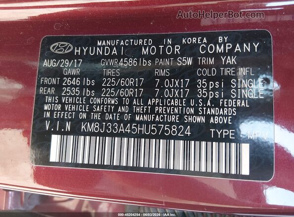 KM8J33A45HU575824 2017 HYUNDAI TUCSON Red Շարժիչի բաժամունքի տեսք