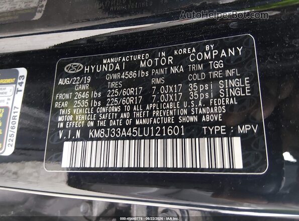 KM8J33A45LU121601 2020 HYUNDAI TUCSON Black Engine compartment view