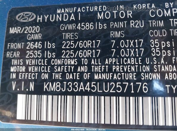 KM8J33A45LU257176 2020 HYUNDAI TUCSON Blue Vista del compartimento del motor