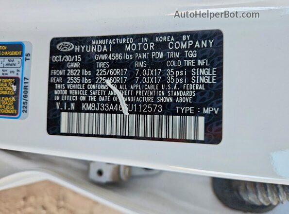 KM8J33A46GU112573 2016 HYUNDAI TUCSON White Вид наклейки з VIN-кодом