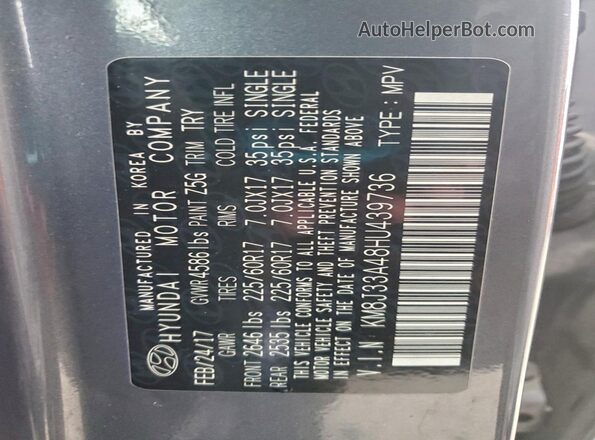 KM8J33A48HU439736 2017 HYUNDAI TUCSON Gray Vista interior de 360 grados