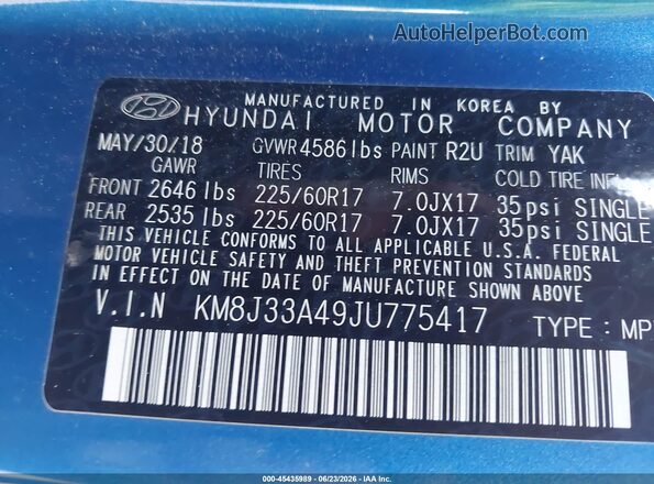 KM8J33A49JU775417 2018 HYUNDAI TUCSON Blue ძრავის განყოფილების ხედი