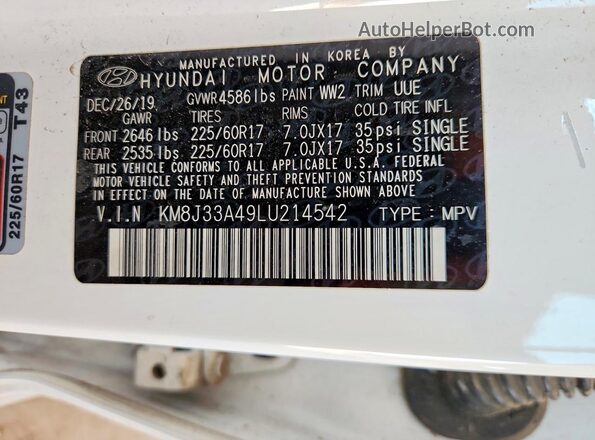 KM8J33A49LU214542 2020 HYUNDAI TUCSON Белый Вид наклейки с VIN-кодом