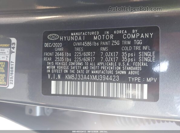 KM8J33A4XMU394423 2021 HYUNDAI TUCSON Black ძრავის განყოფილების ხედი