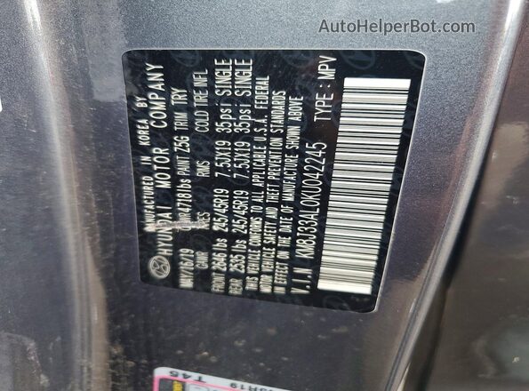 KM8J33AL0KU042245 2019 HYUNDAI TUCSON Gray VIN კოდის სტიკერის ხედი