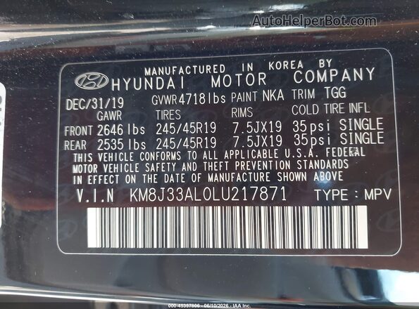 KM8J33AL0LU217871 2020 HYUNDAI TUCSON Black Vista del compartimento del motor