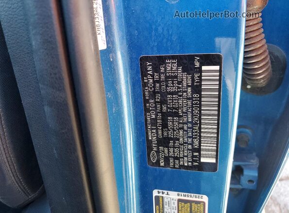 KM8J33AL2KU901318 2019 HYUNDAI TUCSON Blue Widok naklejki z numerem VIN