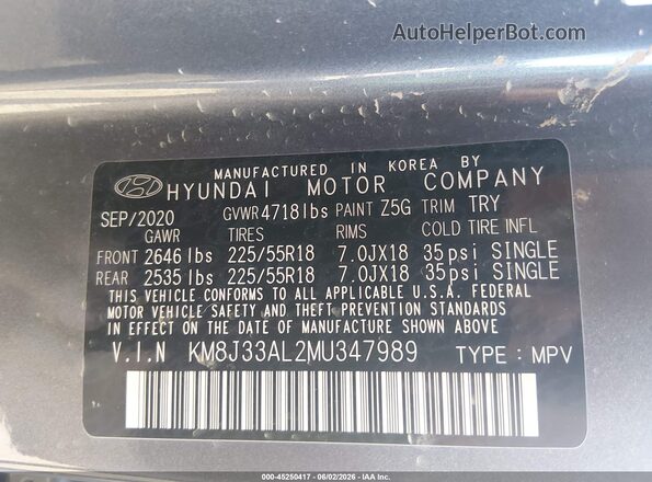 KM8J33AL2MU347989 2021 HYUNDAI TUCSON Gray Widok komory silnika