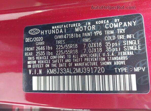 KM8J33AL2MU391720 2021 HYUNDAI TUCSON Red Vista del compartimento del motor