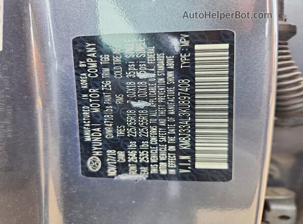 KM8J33AL3KU897408 2019 HYUNDAI TUCSON Gray 