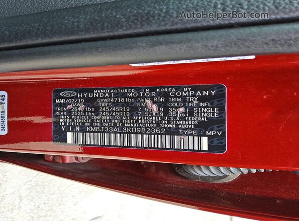 KM8J33AL3KU982362 2019 HYUNDAI TUCSON Красный 