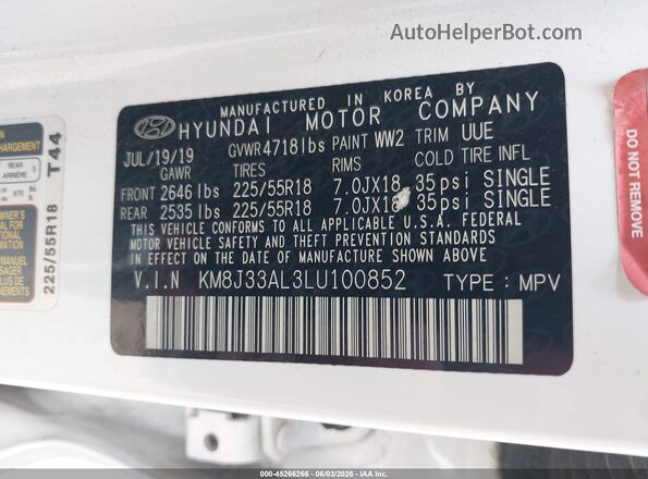 KM8J33AL3LU100852 2020 HYUNDAI TUCSON White Engine compartment view