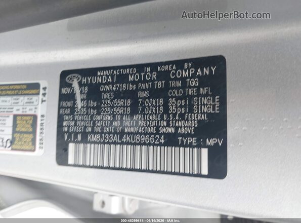 KM8J33AL4KU896624 2019 HYUNDAI TUCSON Серебряный Вид подкапотного пространства