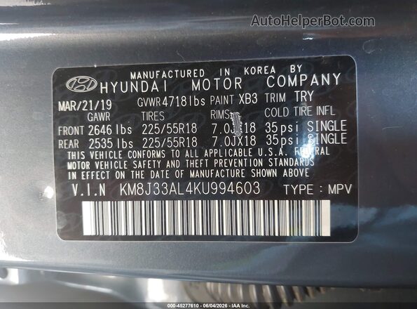 KM8J33AL4KU994603 2019 HYUNDAI TUCSON Dark Blue Вид підкапотного простору