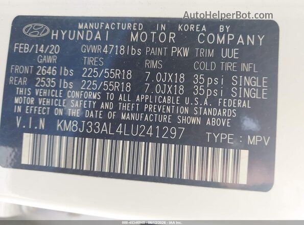 KM8J33AL4LU241297 2020 HYUNDAI TUCSON White Вид підкапотного простору