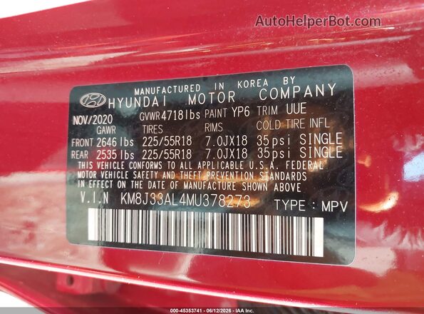 KM8J33AL4MU378273 2021 HYUNDAI TUCSON Red Вид підкапотного простору