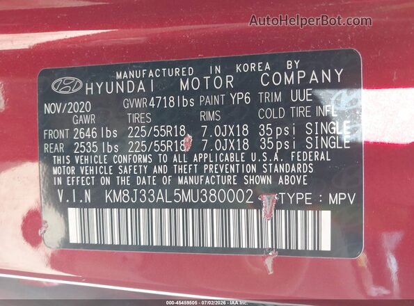 KM8J33AL5MU380002 2021 HYUNDAI TUCSON Red Շարժիչի բաժամունքի տեսք
