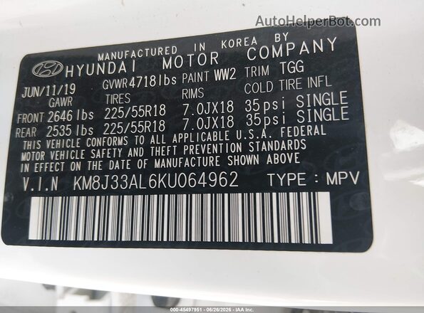 KM8J33AL6KU064962 2019 HYUNDAI TUCSON White ძრავის განყოფილების ხედი